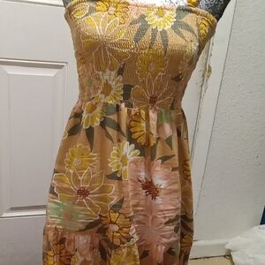 Strapless Floral Dress in Yellow and Brown